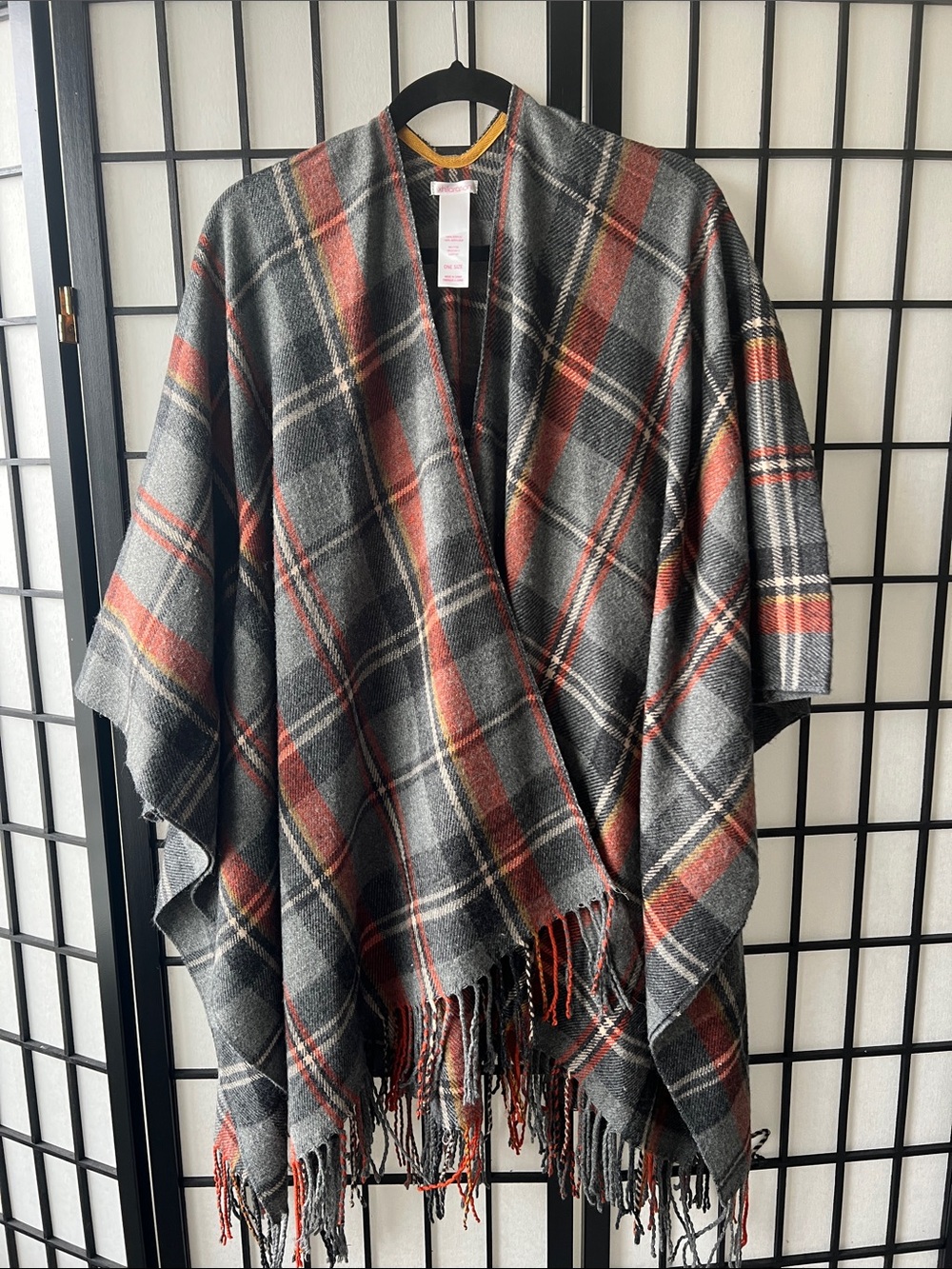 Plaid Fringe Wrap Poncho in Charcoal & Rust